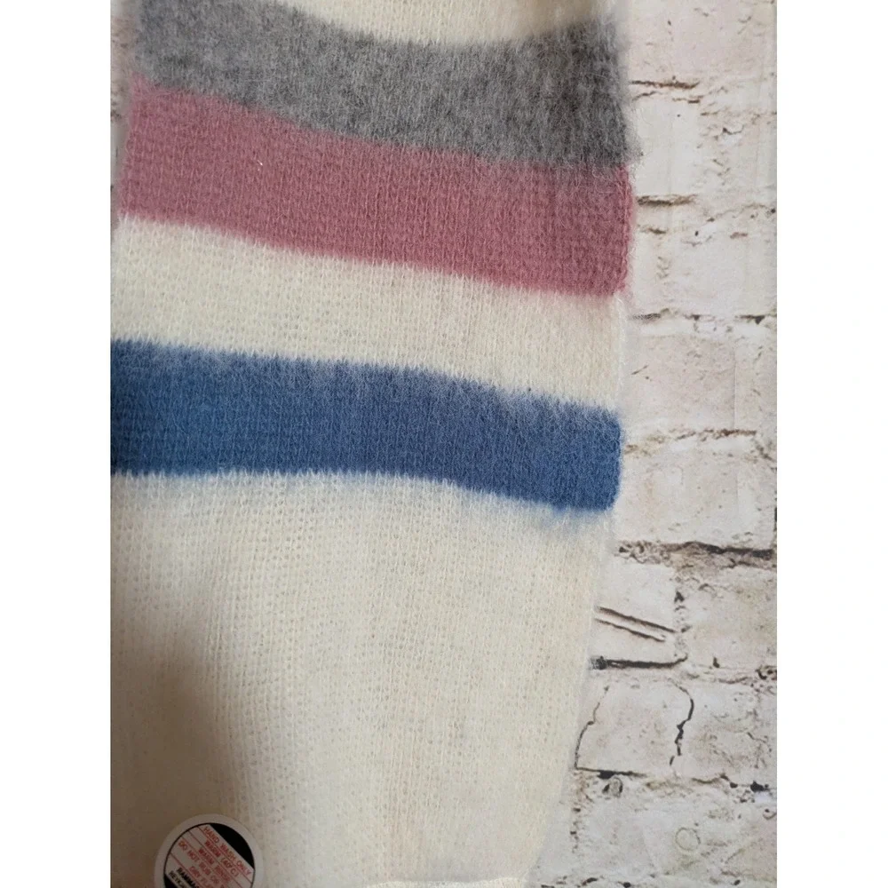 Vintage Rammagerdin Icelandic Brushed Wool Scarf Cream Pink Blue Striped